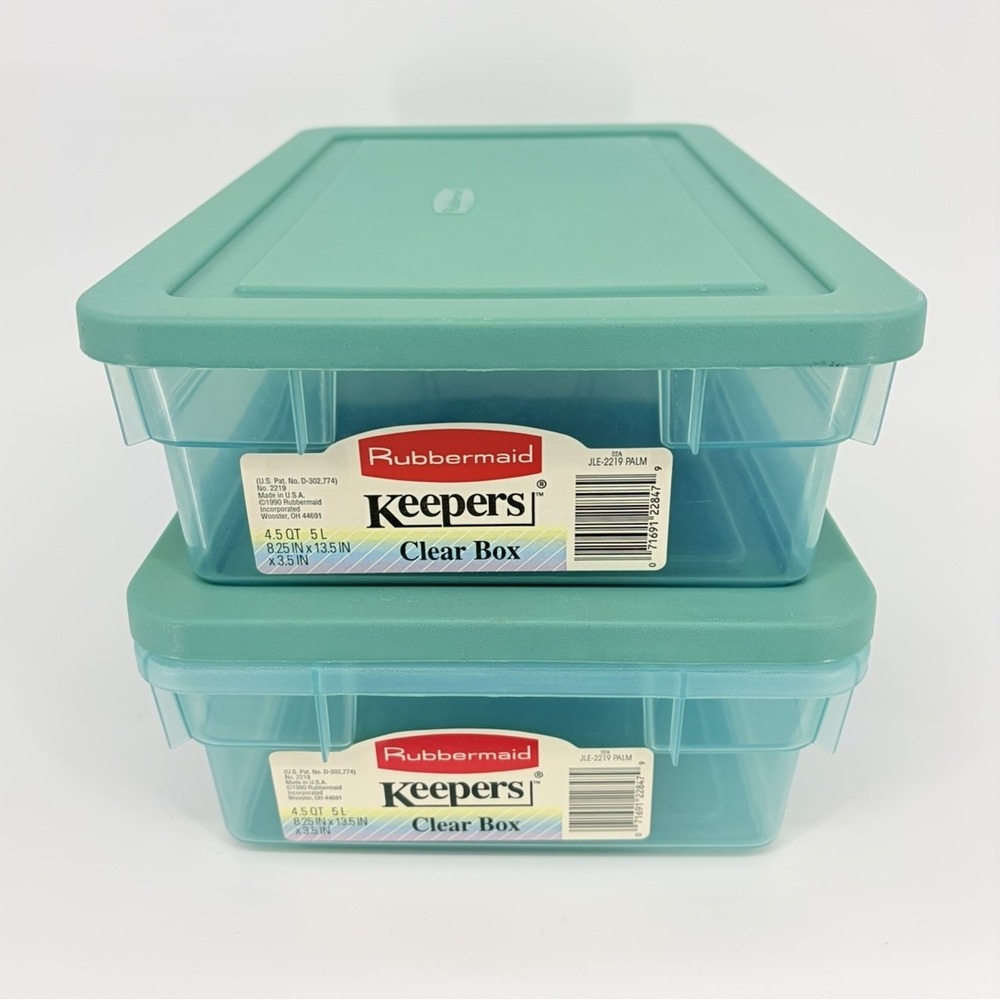 Vintage Pair of Rubbermaid 0286 Storage Boxes Palm Green Container Snap 4.5 Qt